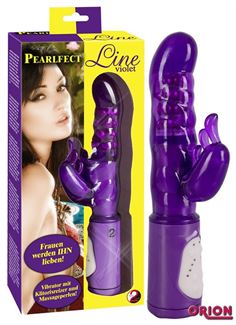 фиолетовый вибратор PEARLFECT LINE с клиторальным отростком - 24,5 см.
