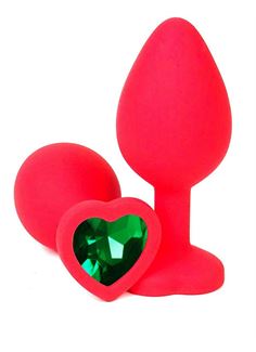 Красная силиконовая анальная пробка с зеленым стразом-сердцем (8 см)