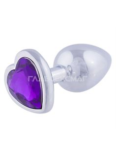Серебристая анальная пробка с фиолетовым кристаллом-сердцем (7 см)