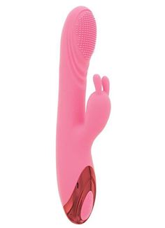 Розовый вибратор HEATING BRUSH BUNNY со стимулятором клитора и нагревом (24 см)