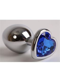 Серебристая анальная пробка с синим кристаллом-сердцем (9 см)