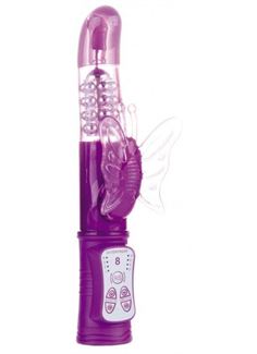 Фиолетовый перезаряжаемый вибратор Rechargeable Butterfly с клиторальной бабочкой - 22,8 см.