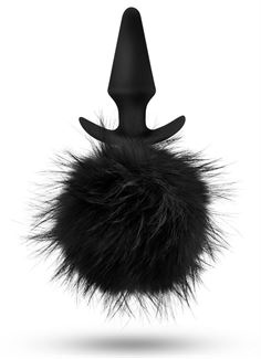 Силиконовая анальная пробка Fur Pom Pom с чёрным заячьим хвостом (12,7 см)