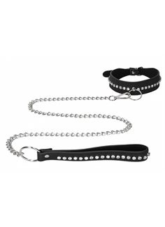 Черный ошейник с поводком Diamond Studded Collar With Leash