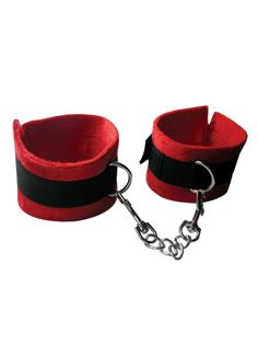 Красно-черные наручники из текстиля с цепочкой на карабине