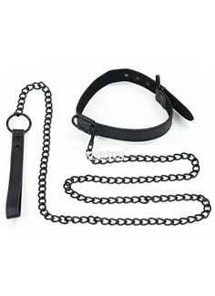 Черный ошейник Bondage Fetish Black Matt Collar With Leash с цепочкой-поводком