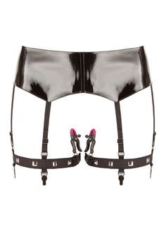 Черная сбруя на бедра с зажимами для половых губ Suspender Belt with Clamps