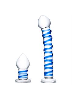 Набор из 2 стеклянных игрушек с синей спиралью Swirly Dildo & Buttplug Set