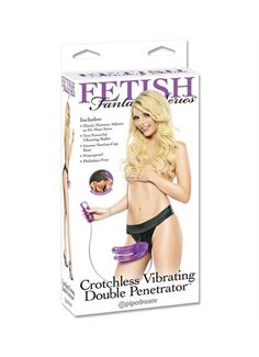 Фиолетовый двойной страпон с вибратором Crotchless Vibrating Double Penentrator (19 см)