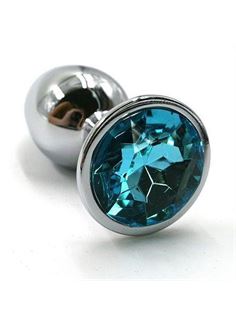 Серебристая алюминиевая анальная пробка с голубым кристаллом - 6 см.