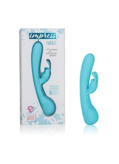 Голубой вибромассажер Impress Rabbit со стимуляцией клитора - 18 см.