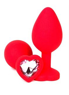 Красная силиконовая анальная пробка с нежно-розовым стразом-сердцем (8 см)
