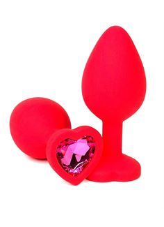 Красная силиконовая анальная пробка с розовым стразом-сердцем (8,5 см)