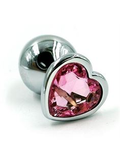 Серебристая анальная пробка с розовым кристаллом-сердцем (6 см)