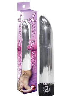 Серебристый вибратор Ladyfinger со скошенным кончиком - 13 см.
