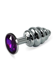 Ребристая анальная пробка Silver Small с фиолетовым кристаллом (7,6 см)