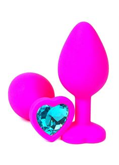 Розовая силиконовая пробка с голубым кристаллом-сердцем - 10,5 см.