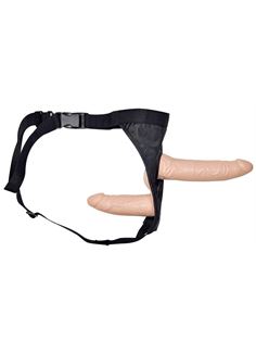 Телесный страпон с вагинальной пробкой Double Dong Strap-On - 19 см.