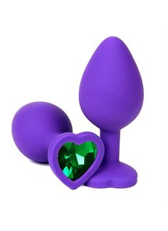 Фиолетовая силиконовая анальная пробка с зеленым стразом-сердцем (8 см)