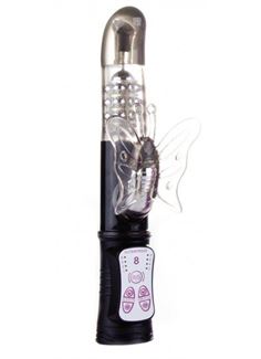 Чёрный перезаряжаемый вибратор Rechargeable Butterfly с клиторальной бабочкой - 22,8 см.