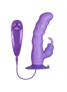 Фиолетовый вибратор с клиторальным отростком и присоской PURRFECT SILICONE SUCTION CUP DUO VIBE (18 см)