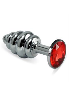 Ребристая анальная пробка Silver Small с красным кристаллом - 7,6 см.