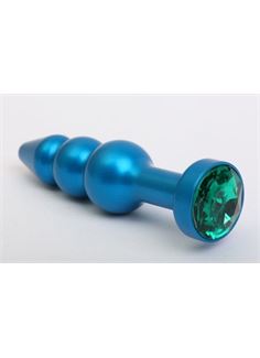 Синяя фигурная анальная пробка с зелёным кристаллом - 11,2 см.