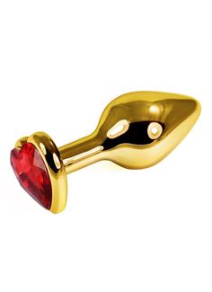 Золотистая анальная пробка с красным кристаллом-сердечком - 7,6 см.