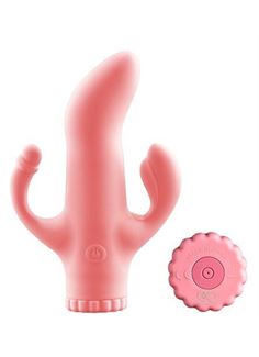 Розовый вибратор с клиторальным и анальным отростками (15,2 см)
