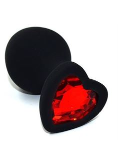 Черная анальная силиконовая пробка с красным кристаллом в форме сердца - 8,8 см. 