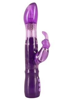 Фиолетовый вибратор с ротацией и клиторальной стимуляцией Purple Surprise - 24,5 см.