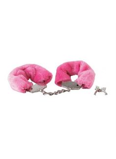 Розовые меховые наручники LUV BONDS на сцепке с ключами