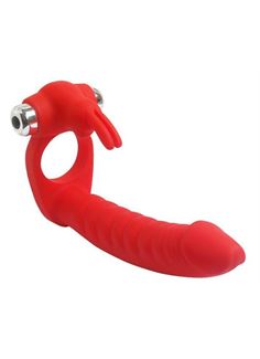 Красная насадка на пенис с вибрацией Double Penetration Real с клиторальным зайчиком