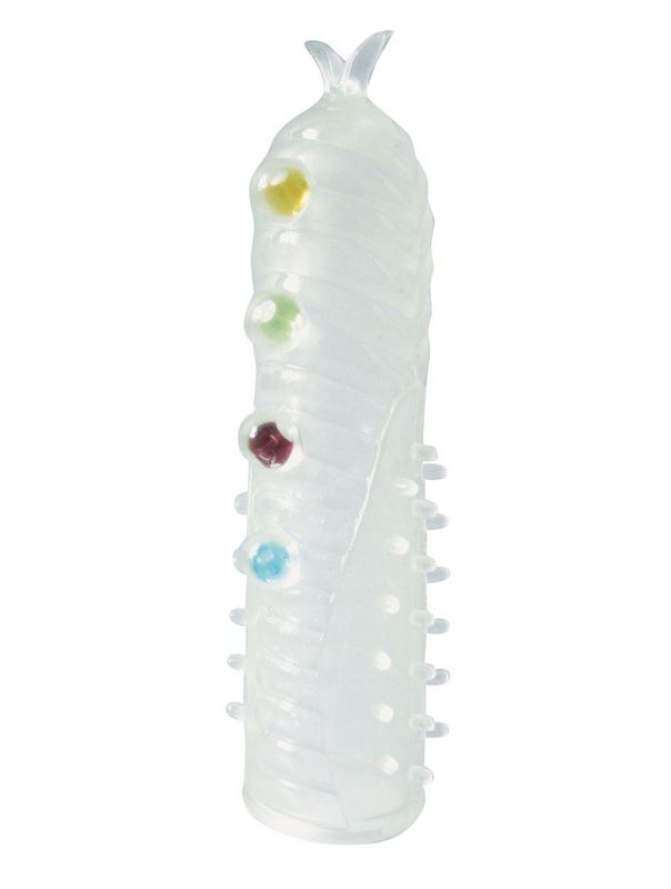 Закрытая белая насадка на пенис Crystal Sleeve с шариками и усиками (14 см)