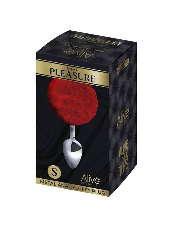 Серебристая анальная пробка с красным хвостиком Metal Anal Fluffy Size S