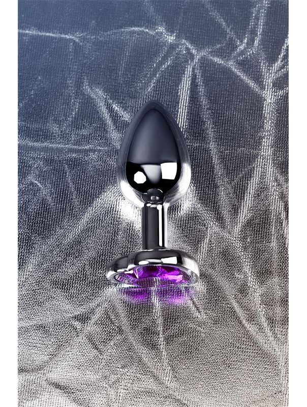 Серебристая коническая анальная пробка с фиолетовым кристаллом-сердечком - 7 см.