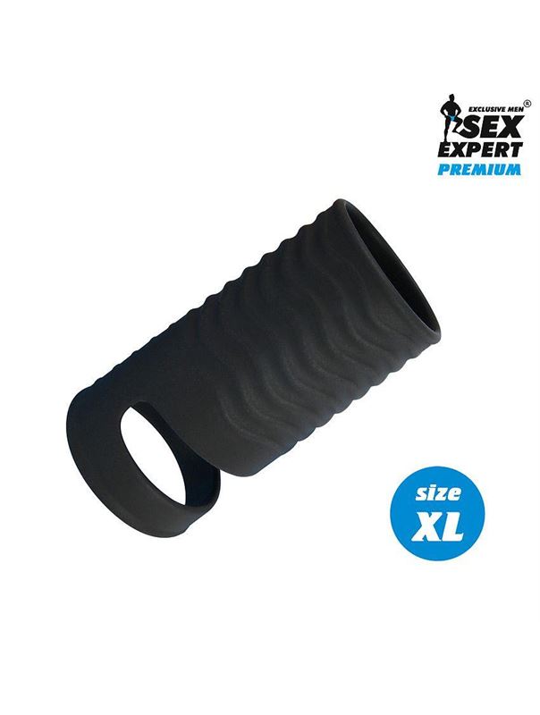 Черная открытая насадка на пенис с кольцом для мошонки XL-size (8,9 см)