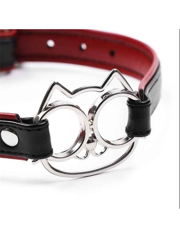 Черно-красный ошейник с мордочкой кошечки