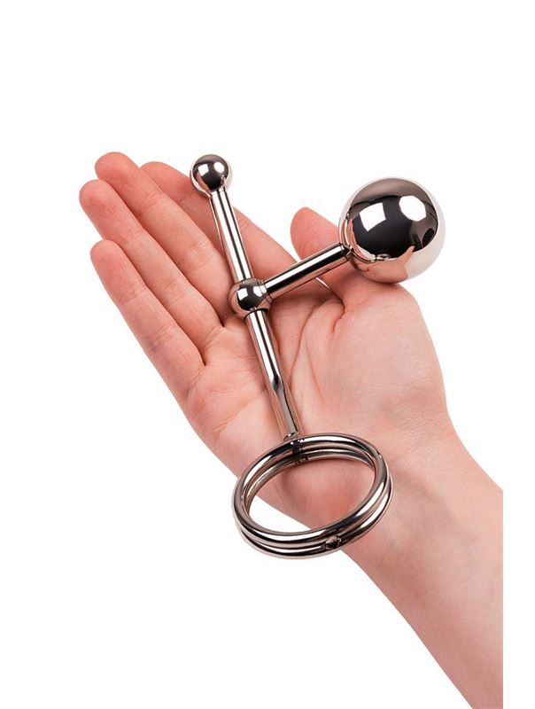 Серебристые бондажные стринги со сменными шарами