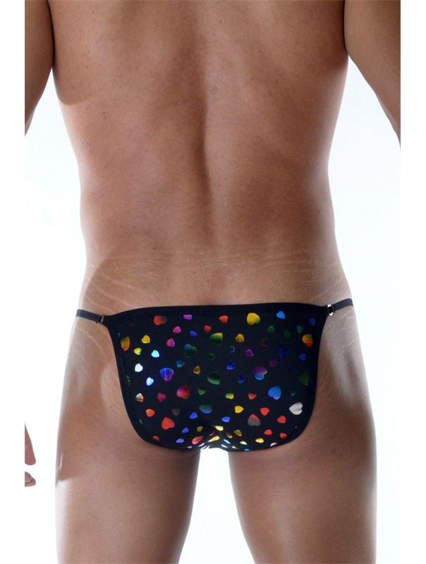Черные мужские трусы-танга с разноцветными сердечками