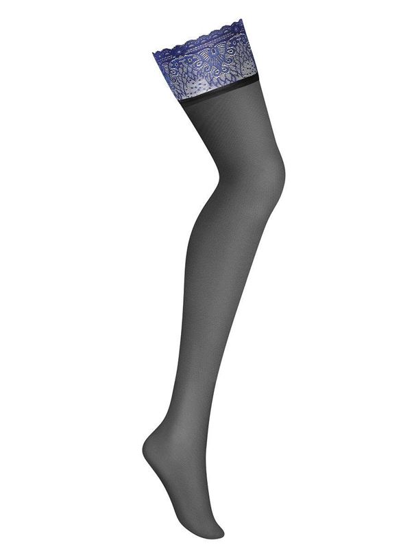 Эффектные чулки под пояс с синей кружевной резинкой без силикона