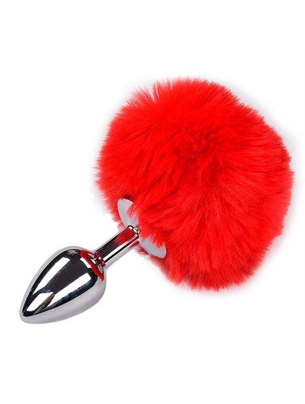 Серебристая анальная пробка с красным хвостиком Metal Anal Fluffy Size S