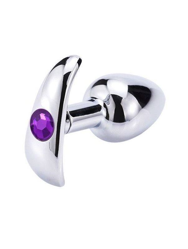 Серебристая анальная пробка для ношения с фиолетовым кристаллом (7 см)
