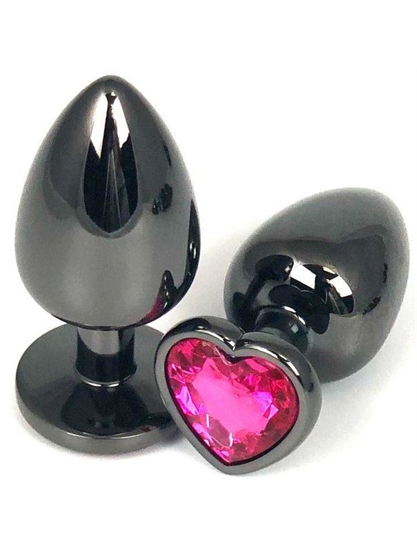 Черная металлическая анальная пробка с розовым стразом-сердечком (6,5 см)