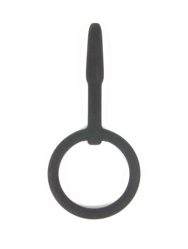 Черный уретральный силиконовый плаг с колечком-ограничителем (4,5 см)