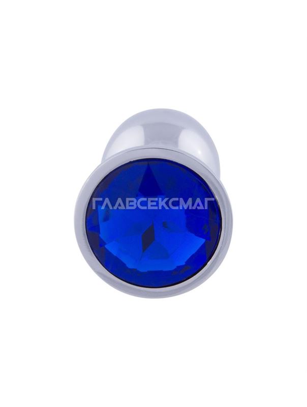 Серебристая анальная пробка с синим кристаллом (8,2 см)