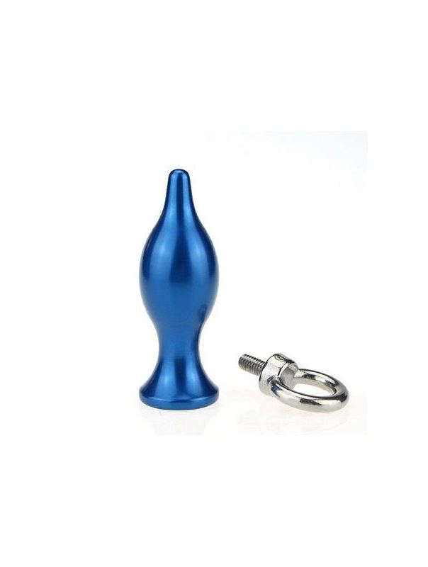 Синяя металлическая анальная пробка с кольцом (7 см)