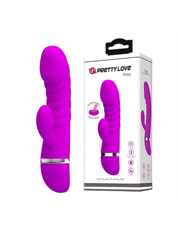 Лиловый вибратор Tracy с рёбрами и клиторальным отростком (18,8 см)