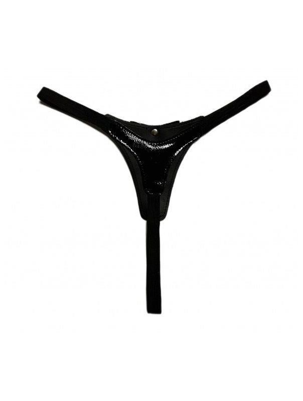 Черные лаковые трусики-стринги с бантиком
