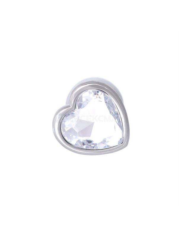 Серебристая анальная пробка с прозрачным кристаллом-сердцем (7 см)